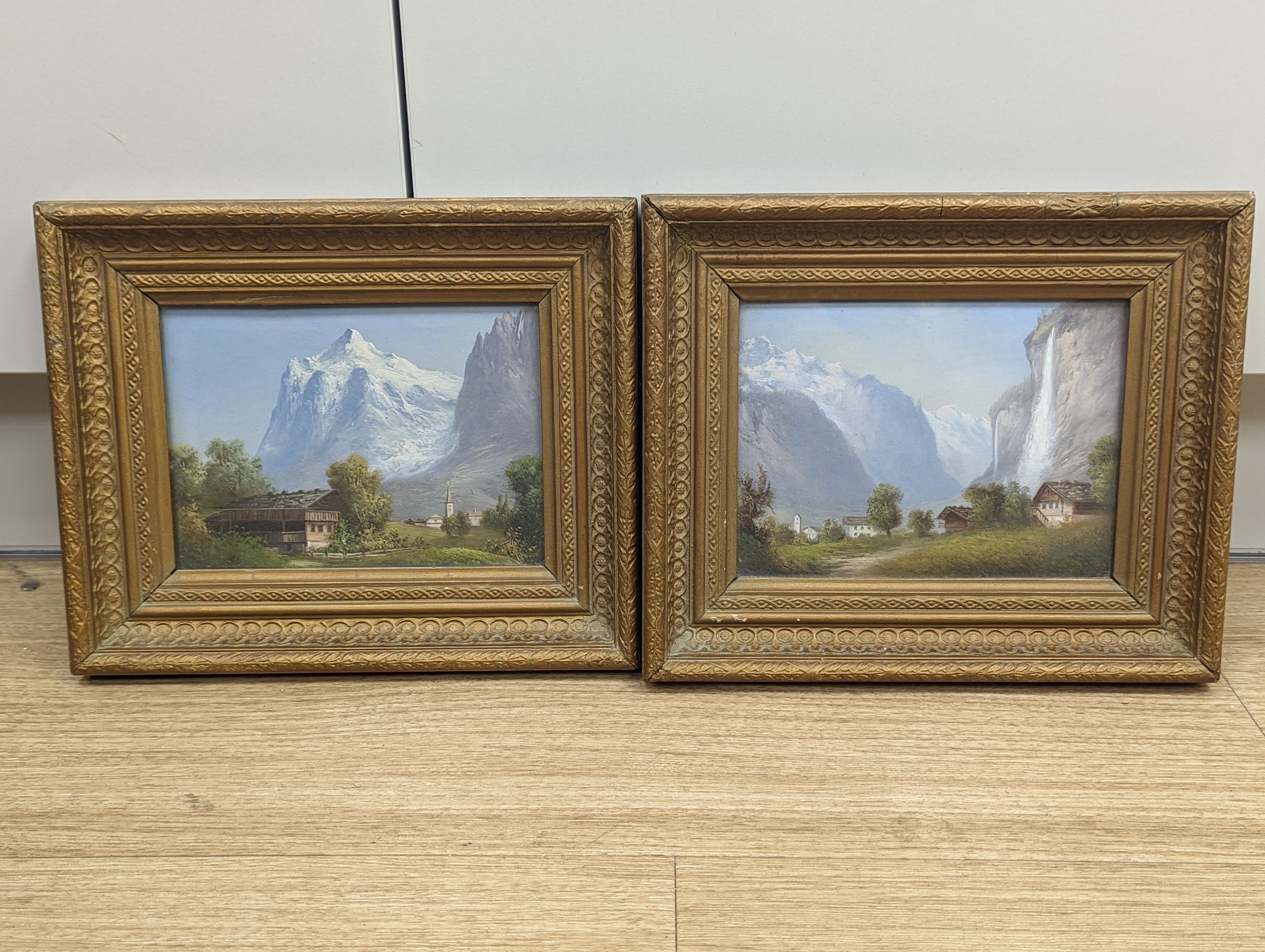 Late 19th century Swiss School, pair of oils on board, Swiss scenes, Wetterhorn and Waterfall, 15 x 20cm
